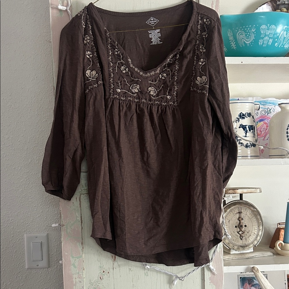 Embroidered Scoop-Neck Brown Peasant Top